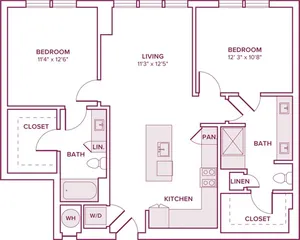 1023 square foot two bedroom two bath apartment floor plan in Houston, TX