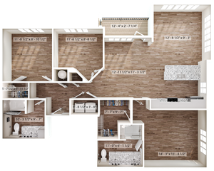 Modern 3D floor plan showcasing a spacious layout with three bedrooms, open-concept kitchen, expansive living area, and stylish bathrooms, perfect for contemporary living.