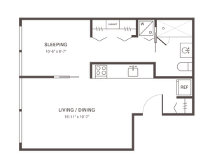 Contemporary floor plan showcasing an open-concept living and dining area, compact kitchen, and cozy sleeping space. Perfect for modern living.