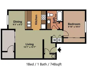 Floorplan of 1-bedroom, 1-bathroom with a spacious living area and modern kitchen in a 748 sq ft layout.