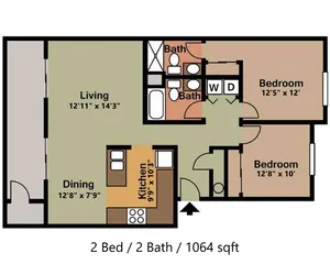 2D floor plan showcasing a spacious 2 bedroom, 2 bath layout with a generous living area, cozy dining space, and well-designed kitchen, totaling 1064 sqft.
