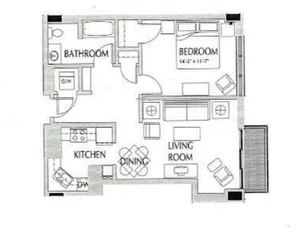Chic floor plan featuring a spacious bedroom, modern kitchen, cozy living room, and a well-appointed bathroom.