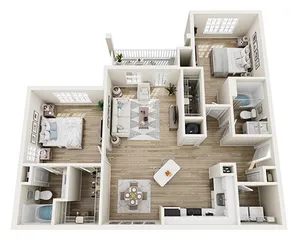 Modern 3D floor plan showcasing two bedrooms, two bathrooms, an open-concept living area, and a contemporary kitchen with dining space.