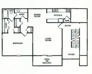 Elegant floor plan showcasing 1 bedroom, a spacious living room, modern kitchen, dining room, and a patio or balcony for outdoor relaxation.