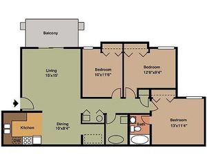 Inviting 2D floor plan with 3 bedrooms, a spacious living area, and a cozy kitchen, featuring a charming balcony.