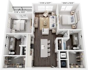 Modern 3D floor plan showcasing 2 spacious bedrooms, elegant open-concept living and dining area, stylish kitchen island, and 2 luxurious bathrooms with walk-in closets.