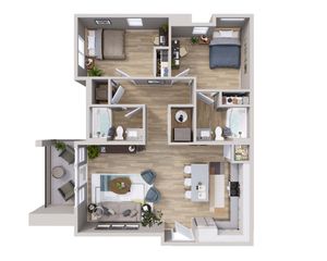 Modern 3D floor plan showcasing 2 spacious bedrooms, open-concept living and dining area, sleek kitchen, 2 bathrooms, and a cozy balcony.