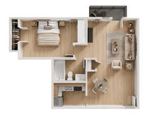 Spacious 1-bedroom floor plan showcasing a cozy 1-bedroom apartment with a spacious living room, modern kitchen, and private balcony.