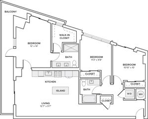 1330 square foot three bedroom two bath apartment floorplan image
