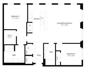 Modern floor plan showcasing 2 bedrooms, spacious living/dining room, and sleek kitchen. Includes walk-in closet, two baths, and ample storage.