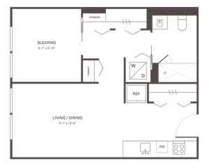 Modern floor plan featuring a cozy sleeping area, open living/dining space, compact kitchen, and laundry facilities.