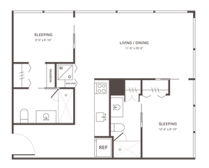 Charming floor plan showcasing two cozy sleeping areas, a spacious living/dining room, and a well-appointed kitchen with modern appliances.
