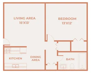 One bedroom, one bathroom El Chaparral floor plan with a 15 by 13 living area, 13 by 12 bedroom, kitchen, dining area, bath, and closet space.
