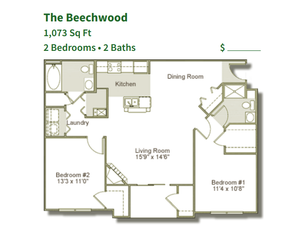 Charming Beechwood floor plan with 2 spacious bedrooms, 2 modern baths, inviting living room, and a cozy kitchen. Totaling 1,073 sq ft, it\'s ideal for comfortable living.