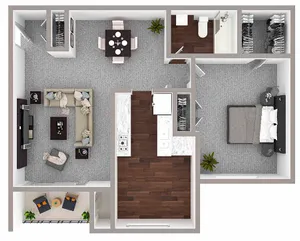 Modern 2D floor plan showcasing a 1-bedroom apartment with a stylish living room, open dining area, chic kitchen, and a cozy balcony perfect for relaxation.