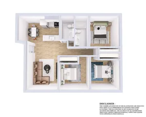 Detailed 3D floor plan showcasing 2 bedrooms, 2 bathrooms, a modern kitchen, and a cozy living area.