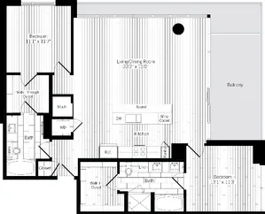 1297 square foot two bedroom two bath penthouse apartment floorplan image