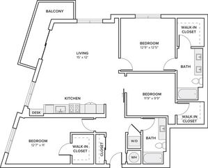 1386 square foot three bedroom two bath apartment floorplan image