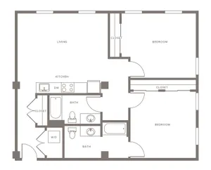 Bright and airy 2-bedroom floor plan featuring spacious living area, modern kitchen with dishwasher, and dual bathrooms.