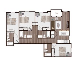 Modern floor plan with 3 bedrooms, open living area, sleek kitchen, and cozy patio, ideal for comfortable living.