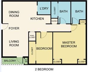Contemporary floor plan featuring 2 bedrooms, spacious living and dining rooms, modern kitchen, laundry space, and two bathrooms. Includes a cozy balcony for outdoor relaxation.