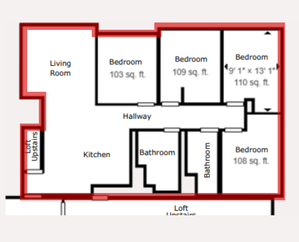 Modern 4 bedroom, 2 bathroom floor plan with loft, featuring a spacious living room, and well-appointed kitchen.