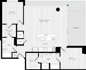 1297 square foot two bedroom two bath apartment floorplan image