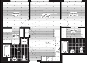 811 square foot two bedroom two bath floor plan image