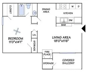 1 bedroom, 1 bath floor plan at Deerfield Apartments in Memphis, TN