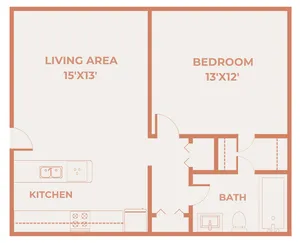 One bedroom, one bathroom El Chaparral floor plan with a 15 by 13 living area, 13 by 12 bedroom, kitchen, bath, and closet space.