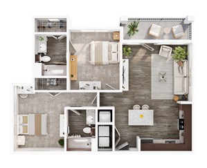 Modern 2D floor plan featuring two bedrooms, two bathrooms, stylish open-concept living area, and cozy balcony space. Ideal for elegant urban living.