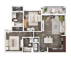 Modern 3D floor plan showcasing 2 bedrooms, 2 bathrooms, a stylish open kitchen with an island, elegant living area, and a cozy balcony with seating and greenery.