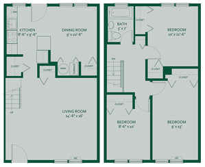 Modern two-story floor plan featuring a spacious living room, dining room, and kitchen on the ground floor, with three bedrooms and a bathroom upstairs, ideal for family living.