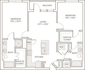 1090 to 1102 square foot two bedroom two bath apartment floorplan image