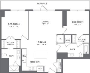 Modern floor plan showcasing 2 bedrooms with walk-in closets, open living and dining area, sleek kitchen with island, and access to a terrace.