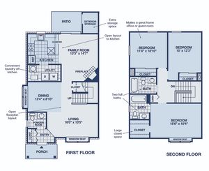 Contemporary 2-story floor plan featuring a spacious family room with fireplace, open kitchen layout, 3 bedrooms, utility area, and a charming patio.