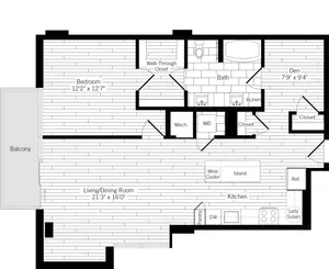 1012 square foot one bedroom one bath with den apartment floorplan image