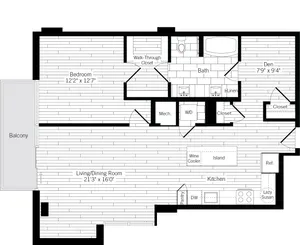 1012 square foot one bedroom one bath with den apartment floorplan image