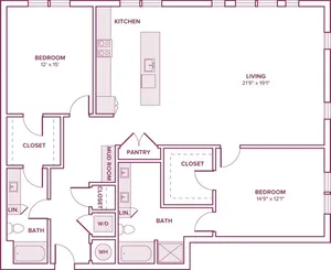 1576 square foot three bedroom two bath apartment floor plan in Houston, TX