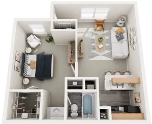Contemporary 1-bedroom floor plan showcasing a cozy living room, modern kitchen, and stylish bathroom.