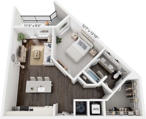 Chic one-bedroom apartment floor plan with open-concept living area, modern kitchen, spacious bathroom, and private balcony.