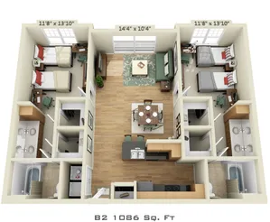 Charming 3D floor plan of a 1086 sq ft apartment, featuring three bedrooms, a spacious living area, and a modern kitchen.
