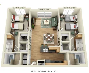 3D floor plan of a modern apartment with two bedrooms, open living area, and a fully-equipped kitchen.