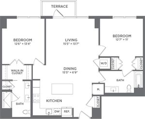 Modern 2D floor plan with 2 spacious bedrooms, open living and dining area, elegant kitchen, and terrace access.
