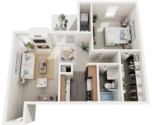 Inviting 3D floor plan showcasing a cozy living area with fireplace, a stylish dining space, kitchen, spacious bedroom, and convenient bathroom.