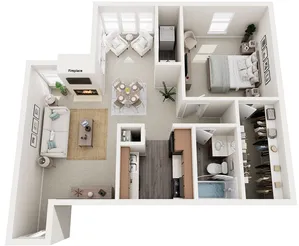 Floor plan showcasing a cozy living room with a fireplace, a stylish dining area, a kitchen, and a comfortable bedroom.