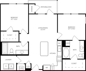 Modern floor plan depicting a spacious 2-bedroom apartment with a large living/dining area, stylish kitchen, and two bathrooms. Includes a patio/balcony and convenient laundry space.