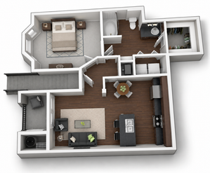 Elegant 3D floor plan showcasing a cozy one-bedroom apartment with a modern kitchen, stylish living room, and a spacious bathroom.