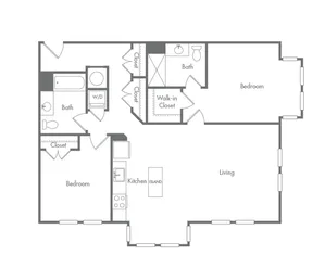 1257 square foot two bedroom two bath with recessed windows in living room and one bedroom apartment floorplan image