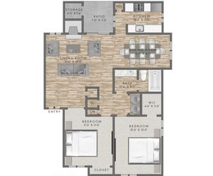 Modern floor plan showcasing two spacious bedrooms, an inviting living room, elegant dining area, and a cozy kitchen. Features include a private patio, ample storage, and a luxurious bath.